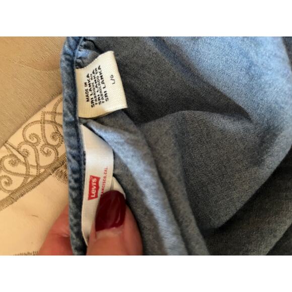 Levi's chambray‎ ruffle sleeved peasant tie neck blouse L Blue retro boho whimsy - Picture 4 of 6